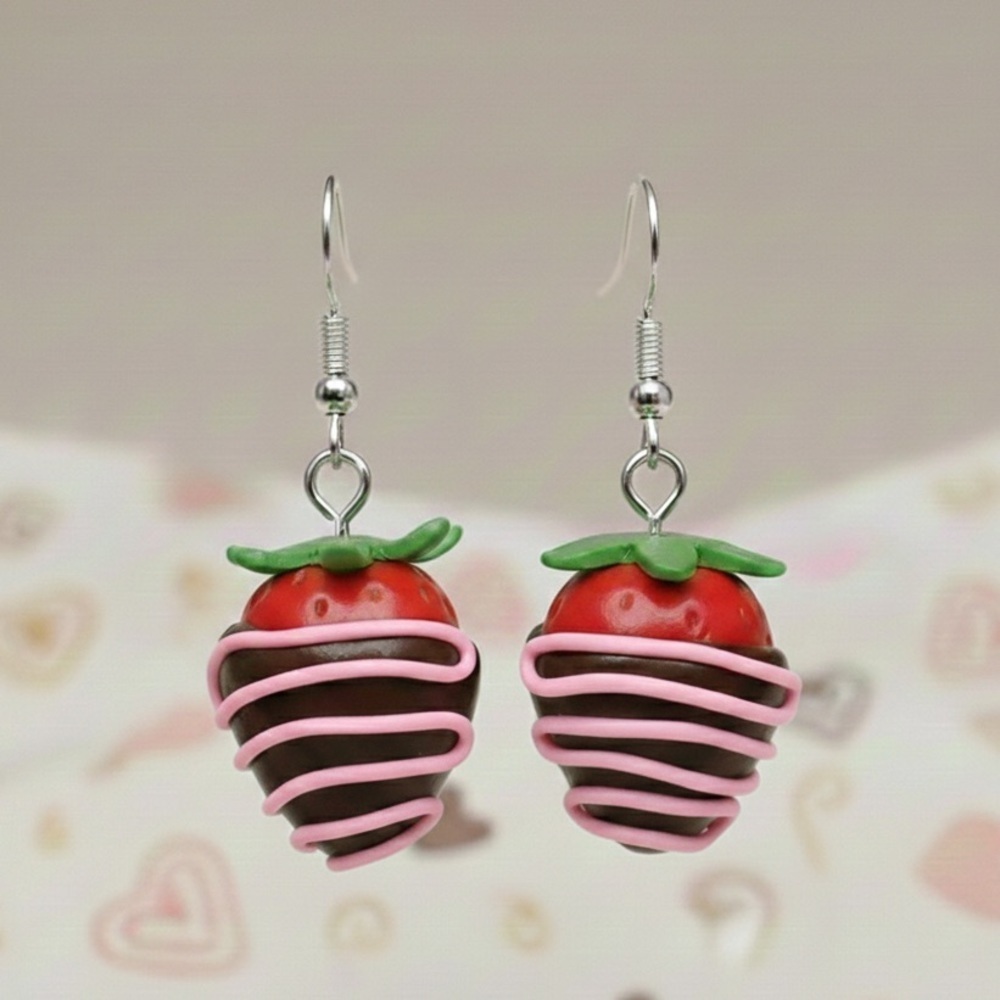 Chocolate Dipped Strawberry Dangle - Handmade Earrings - Valentine's Day